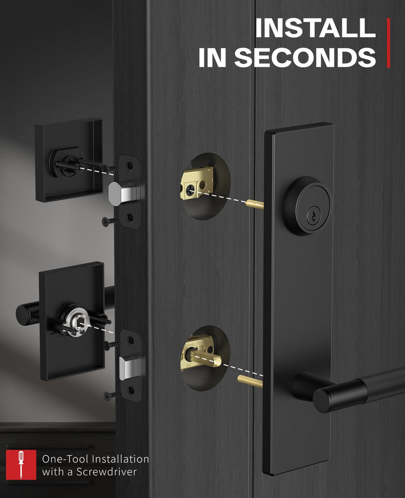 Matte Black Solid Heavy-Duty Knurled Front Door Handle Set with Deadbolt, Architectural Grade Modern Entry Door