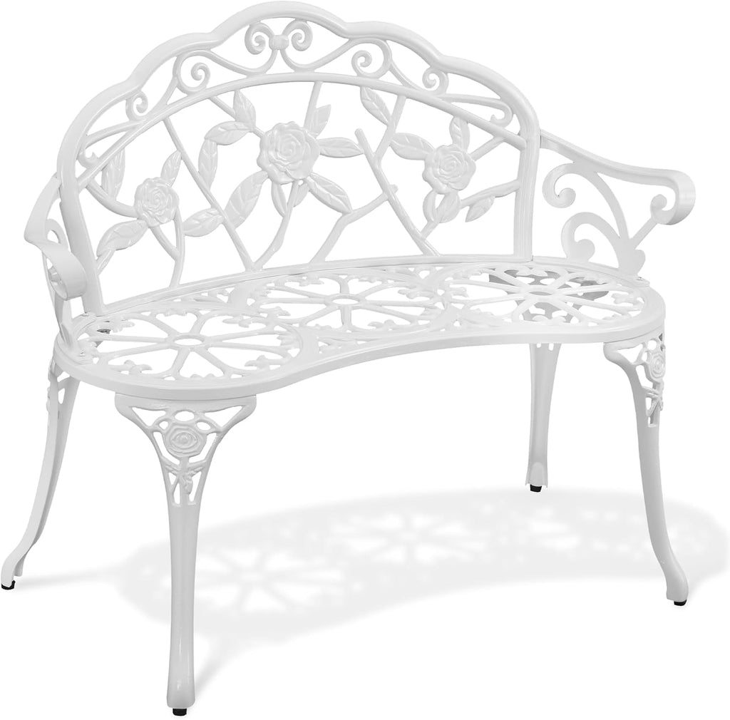 Outdoor Bench, Cast Aluminum Double Seating with Backrest and Armrests, Mental Outdoor Furniture , Porch, Garden