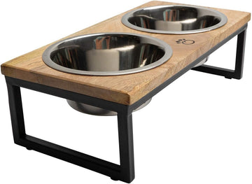 Mango Wood Dog Bowl Stand - Elevated Pet Feeder with 2 Stainless Steel Bowls - Raised Food and Water Dish Set