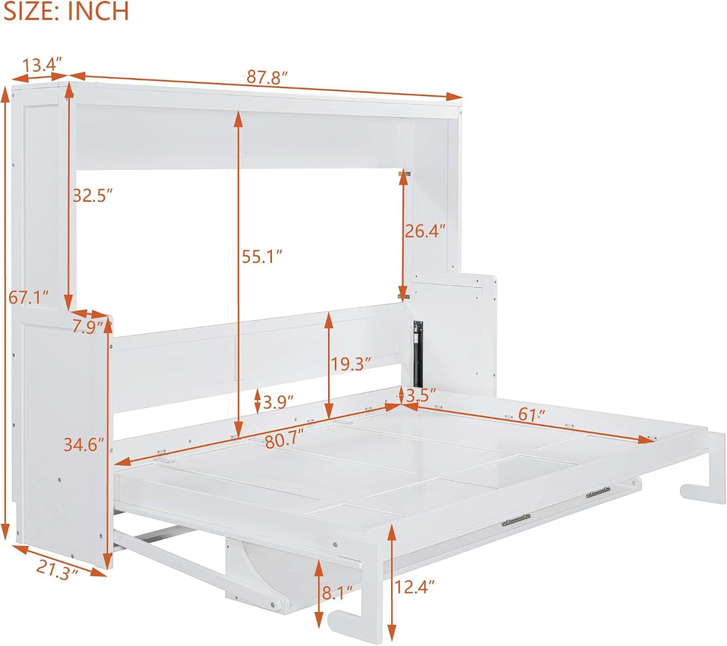 Horizontal Murphy Bed Queen,Hidden Folding Wall Bed Frame with Hydraulic Lift&Desk,Wood Cabinet Platform Bed can be