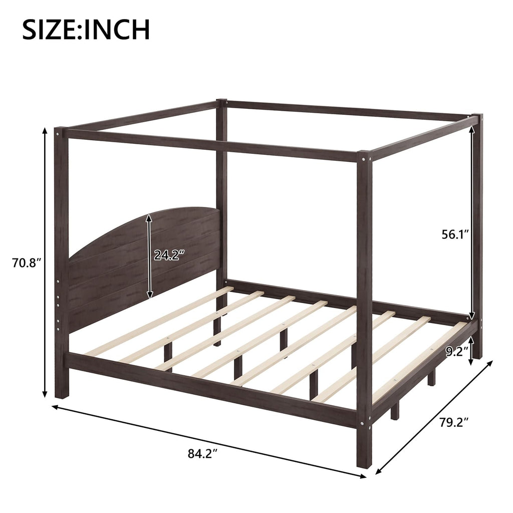 Wood Canopy Bed Frame with Headboard and Storage, Brown