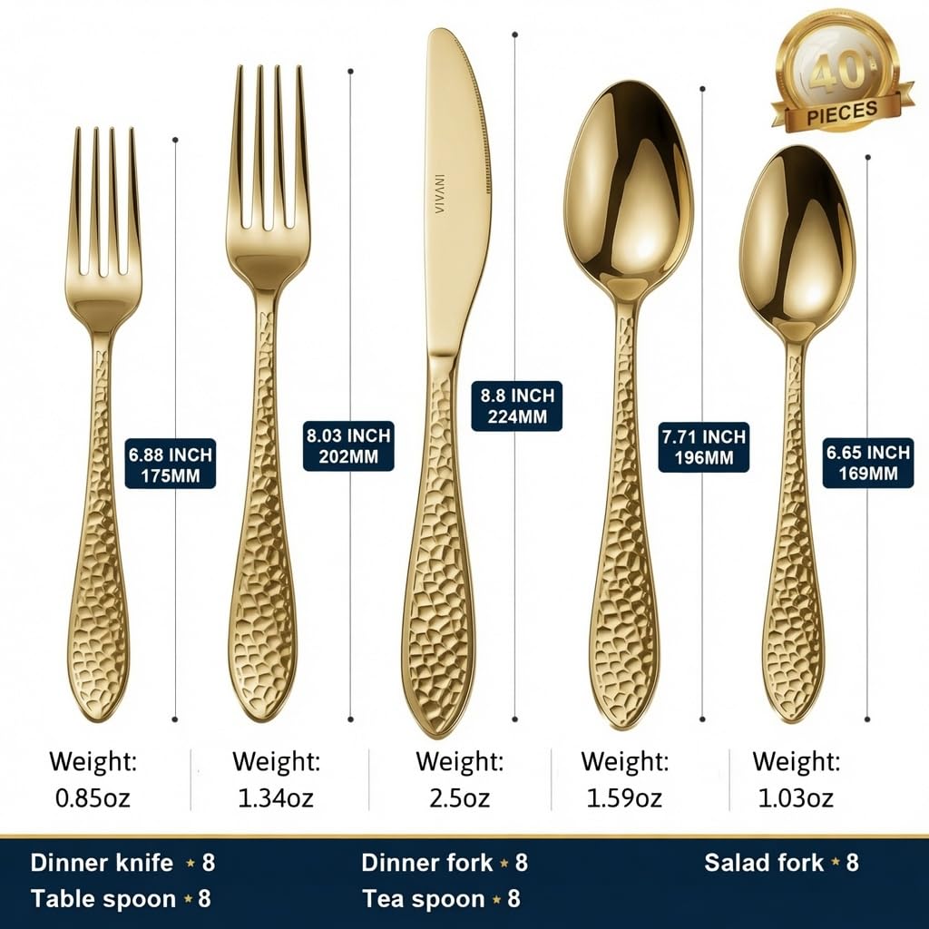40-Piece Champagne Silverware Set for 8, Hammered Flatware Set