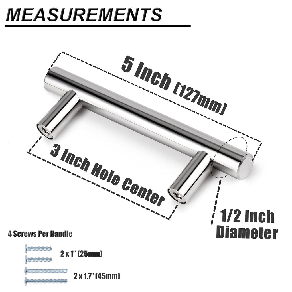 30 Pack 3 Inch Polished Chrome Cabinet Handles, 5 Inches Total Length Euro T Bar Handle Pulls, Stainless Steel