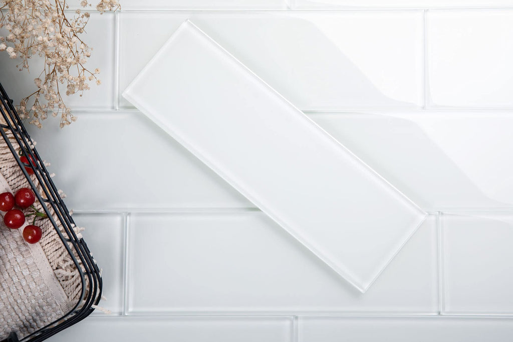 Glass Subway Backsplash Tile, 4x12, Bright White