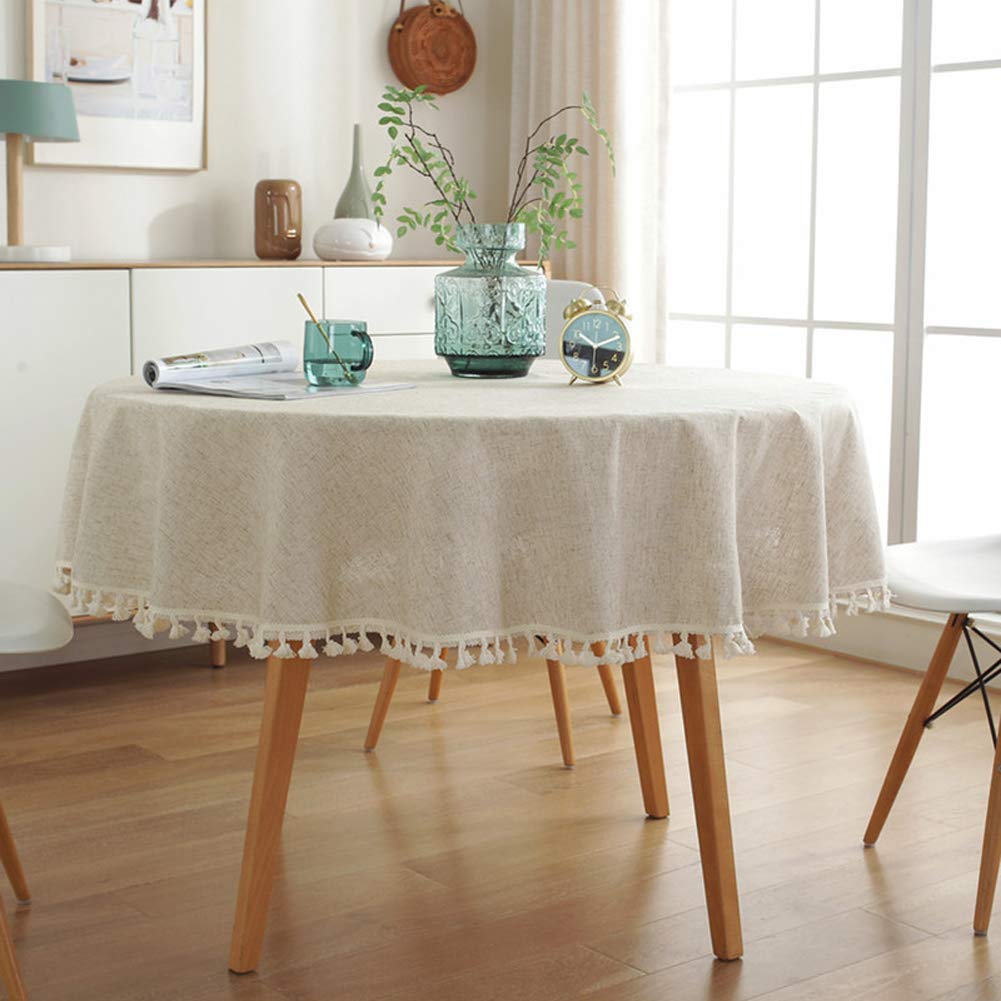 Cotton Linen Fabric Tassel Round Tablecloth Dust-Proof Table Cover Dinning Tabletop Home Decoration (60 Inch, Linen)