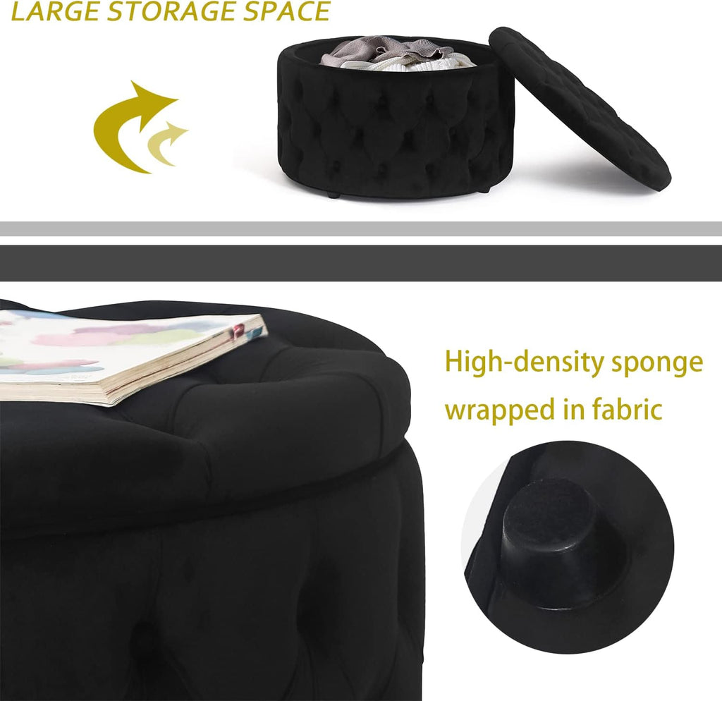 Round Storage Ottoman, Button Tufted Upholstered Ottoman with Removable Top, Storage Bench Coffee Table Footrest