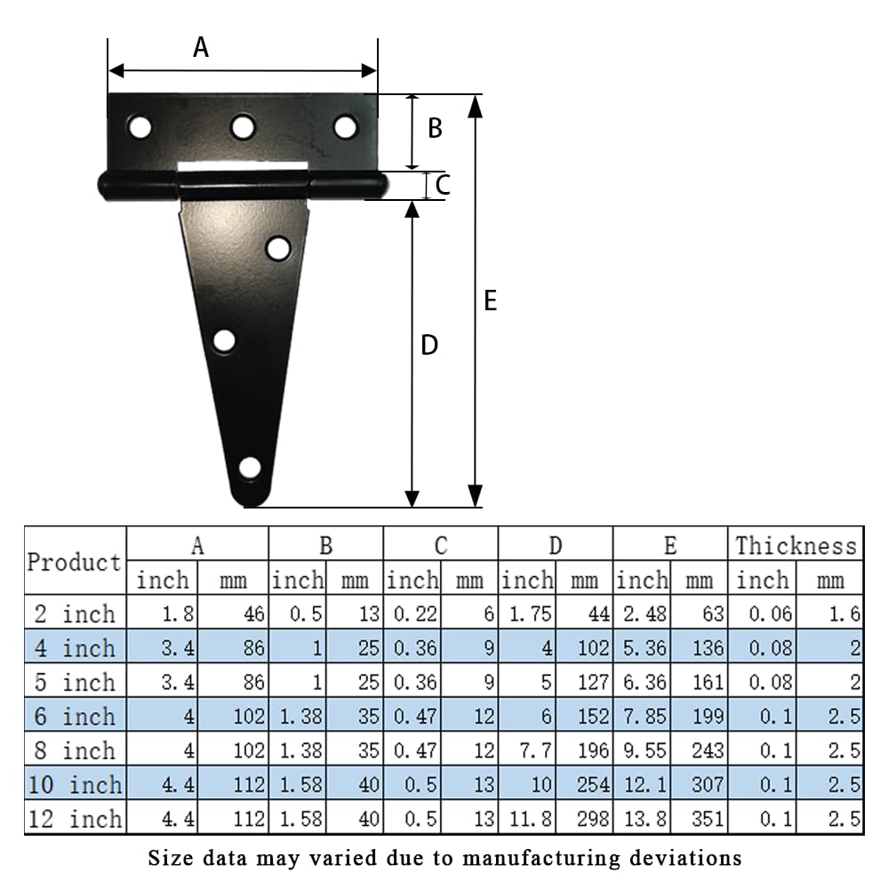 Heavy Duty T Hinge, Strap Hinge, Black, Powder Coated, Steel, 8 inch, 4 pcs