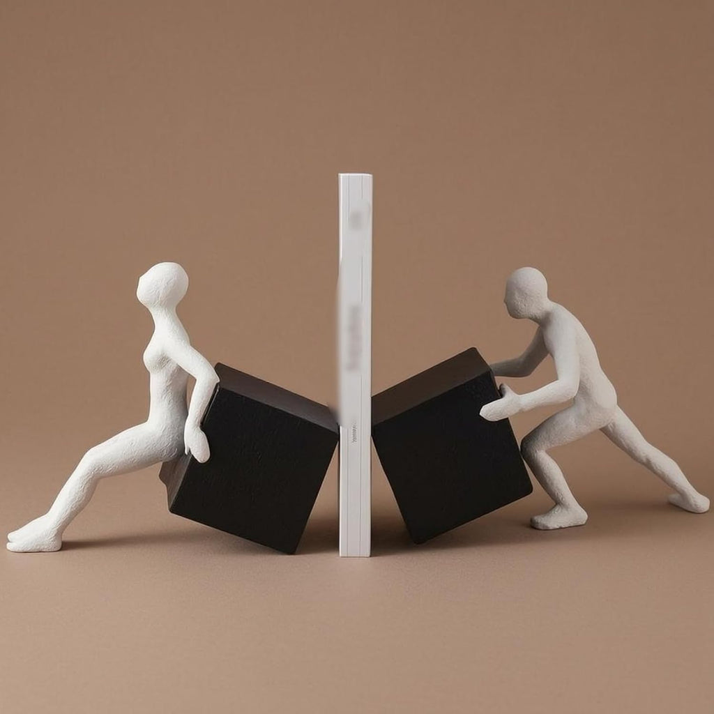 Abstract Figure Bookend Modern Sculptural Resin White Textured Finish Highlighting Carved Shape for Bookcases