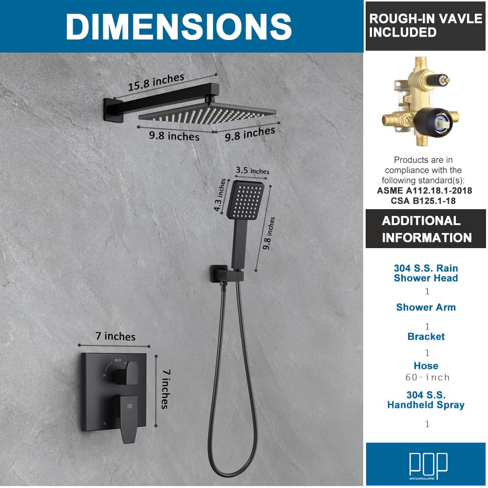Matte Black Shower Faucet Set Rainfall 10 Inch Shower Head and Handle Set Bathroom Rain Shower System Wall Mounted