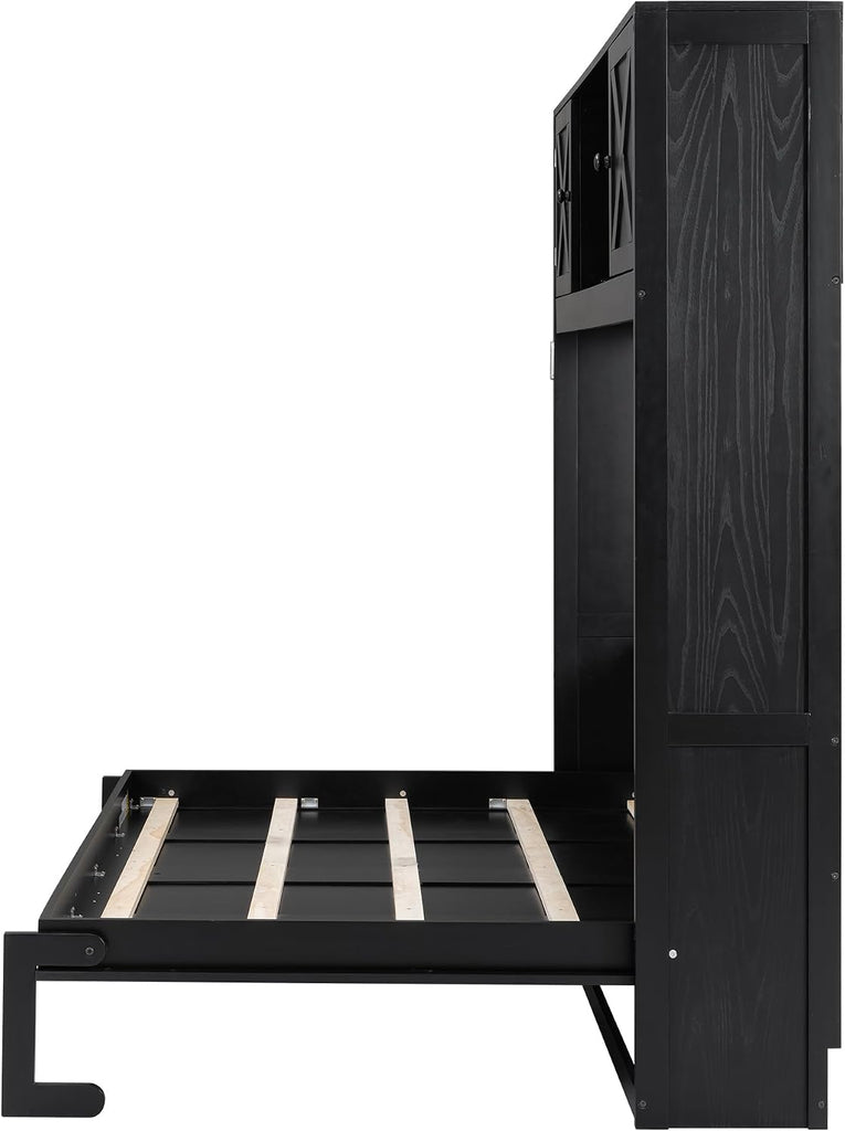 Full Horizontal Murphy Bed with Storage, Farmhouse Wooden Wall Bed with Cabinets and Bookcase, Space-Saving Foldable
