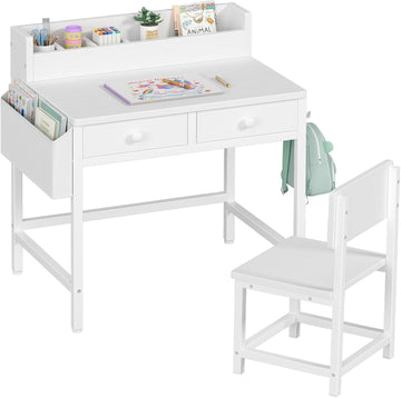 White Kids Desk and Chair Set for 5-8 Year Old, Small Child Desk with Fabric Drawer, Children Study Table