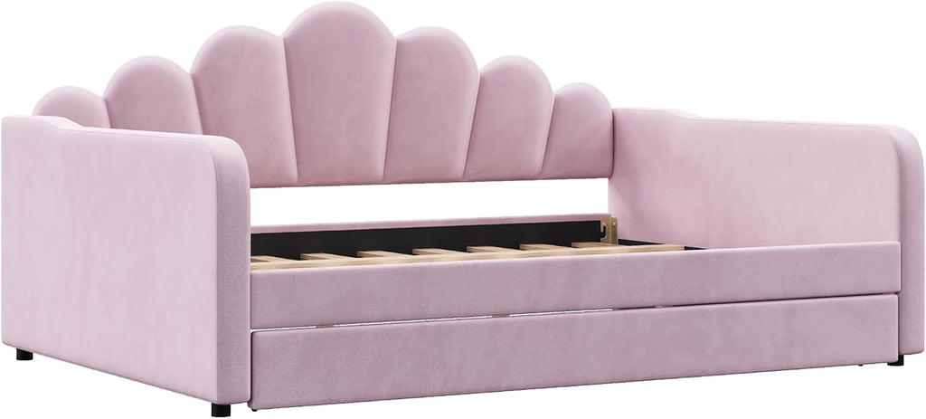 Queen Size Upholstered Daybed with Trundle, Velvet Corner Bed Frame with Shell Shaped Headboard for Kids Teens