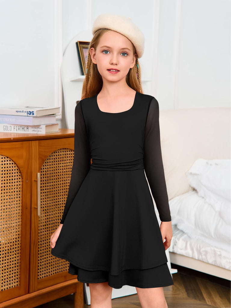 Girls Mesh Long Sleeve Dress Kids Party Dance Dresses
