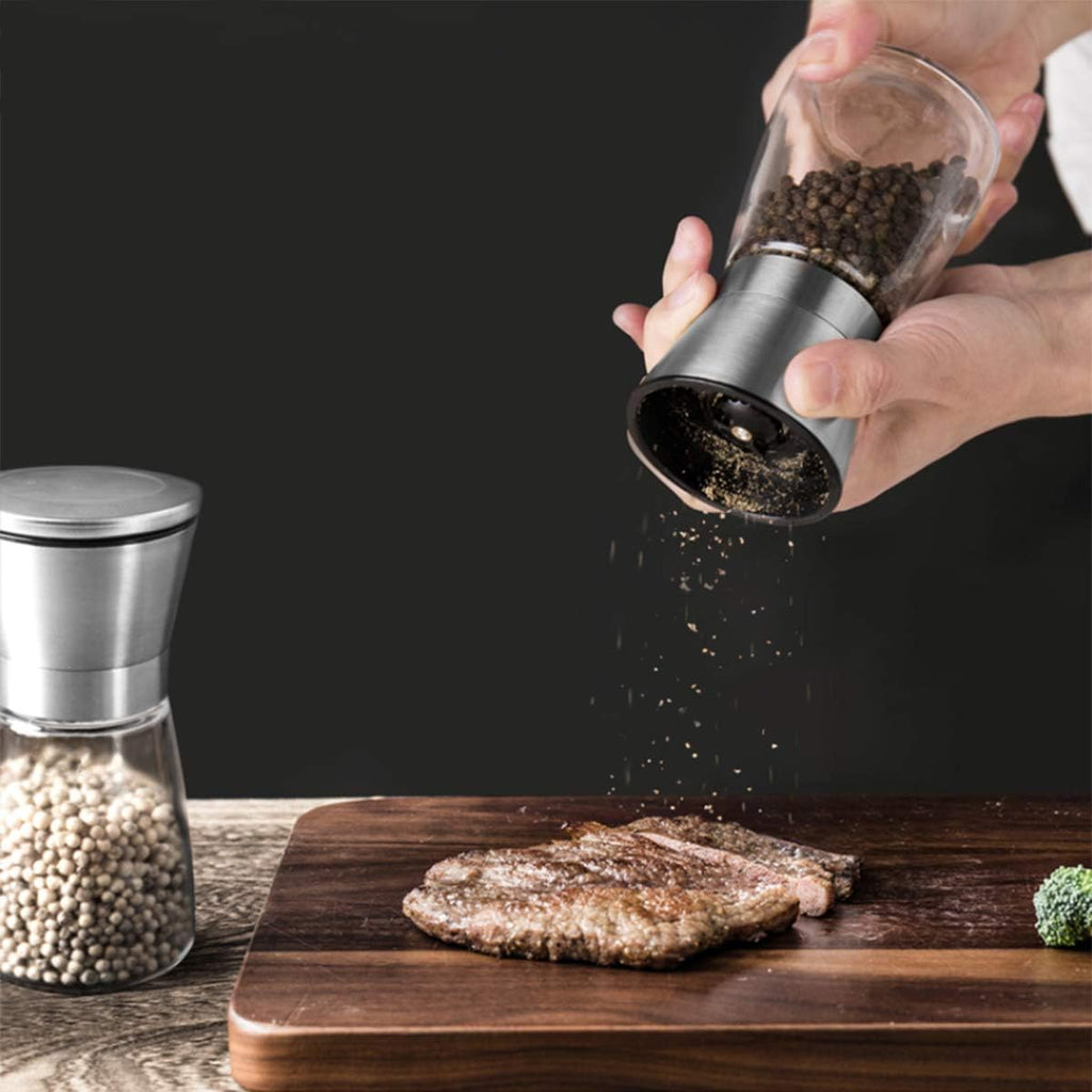 Salt and Pepper Grinder Set Refillable Adjustable Mill with Stand - Set of 2