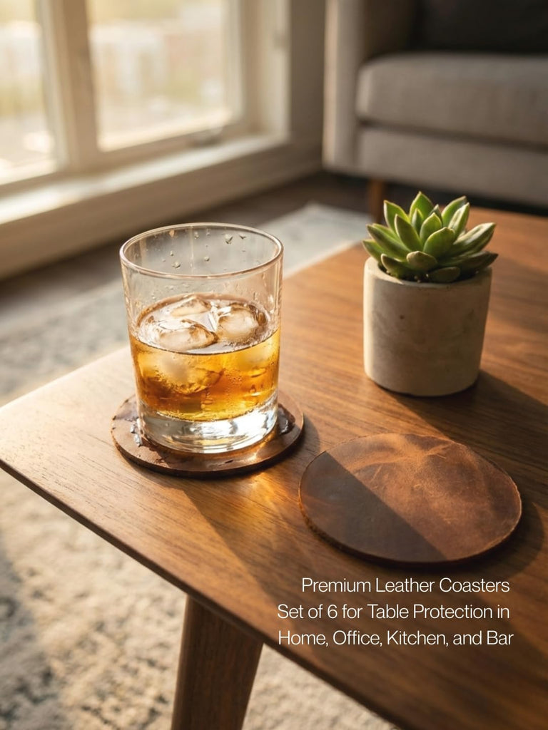 Real Natural Grain Leather Coasters - Durable Non-Slip Distressed Design for Table Protection in Home - Set of 6