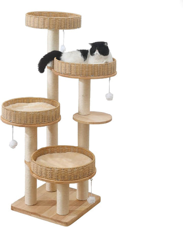 54in Solid Wood Cat Tree for Indoor Cats, Modern Tall Cat Tower