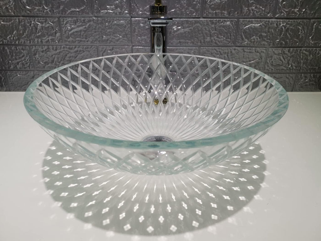 Tempered Deco Glass Luxuryhome Bathroom Sink in Crystal engraving Elegant | Top Mount Basin | Vanity Countertop Sink