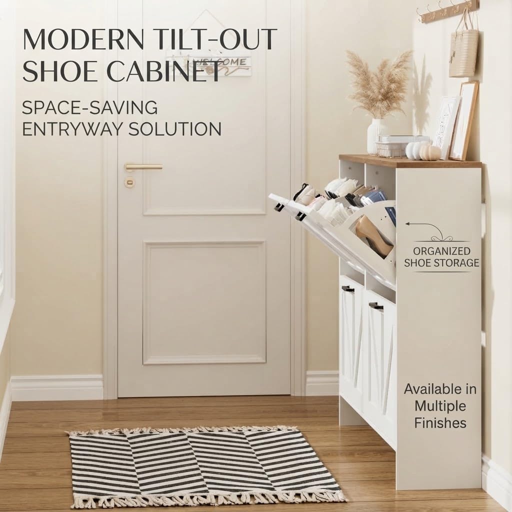 Shaker Barn Door Shoe Cabinet, 4 Flip Drawers & 3Tier Adjustable Shelves, Ultra Slim Freestanding, Modern Rustic