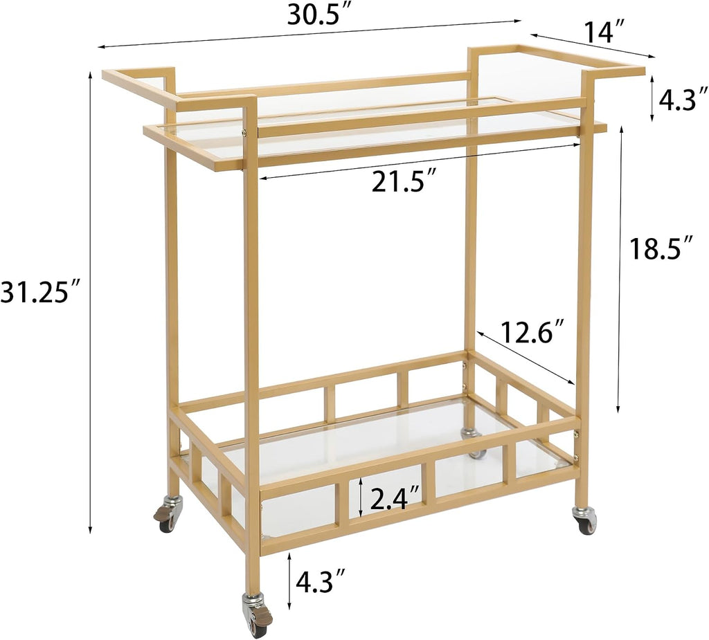 Gold Bar Carts for the Home, Bar Serving Cart with 2 Glass Shelves | Kitchen Beverage Cart / Liquor Cart for the