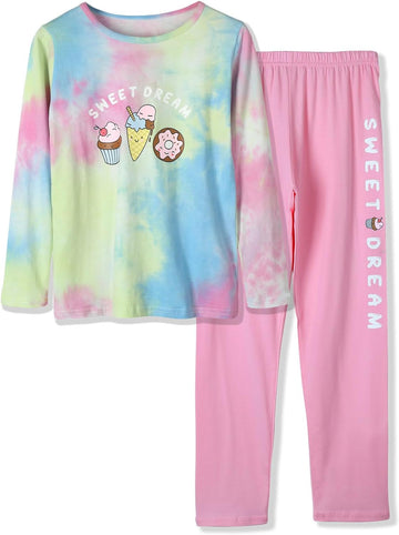 Girls' 100% Cotton Pajama Set, Tie-Dye with Various Prints