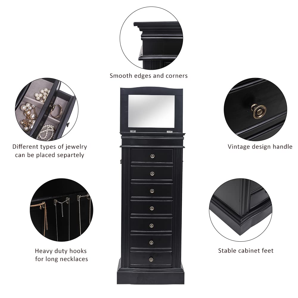 Jewelry Armoire Cabinet with Flip Top Mirror and Compartments - Large Standing Jewelry Chest - Wooden Jewelry Storage
