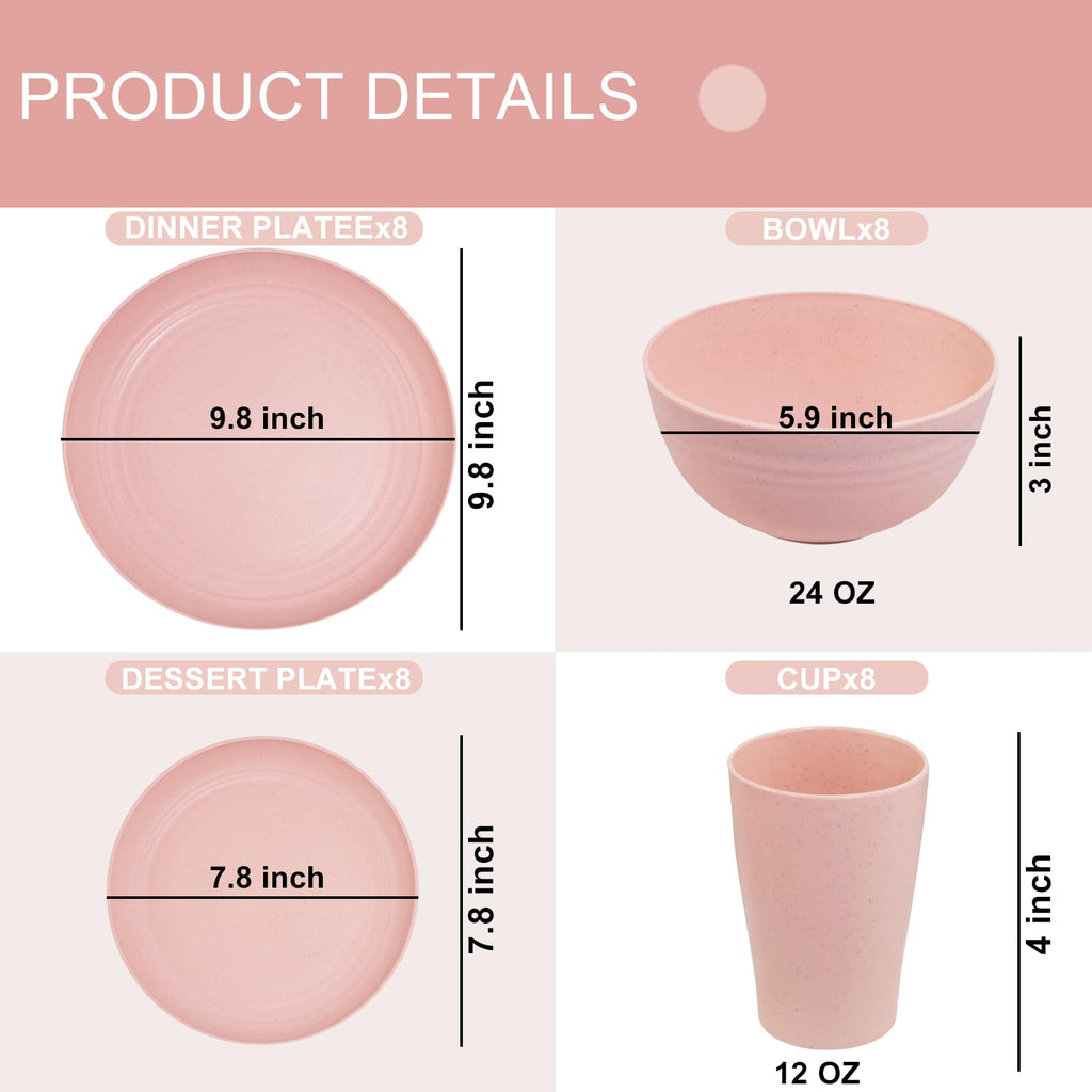 32Pcs Pink Plates and Bowls Sets for 8, Unbreakable Dinnerware