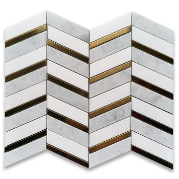 Thassos White Carrara White Marble 1x3 Artistic Chevron Mosaic Tile w/Brass Strips Polished Kitchen Bath Wall Floor
