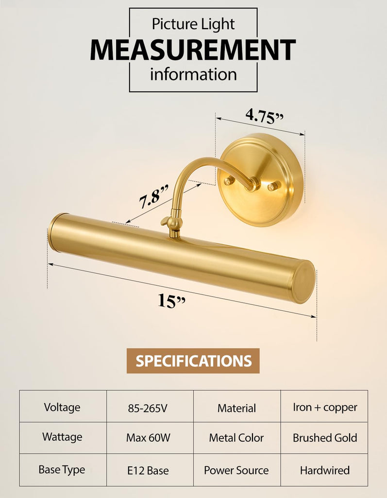 Hardwired Picture Lights,15 Inch Brass Vintage Art Light,E12 Base, 330° Adjustable Rotatable,2‐Light Gallery Lighting