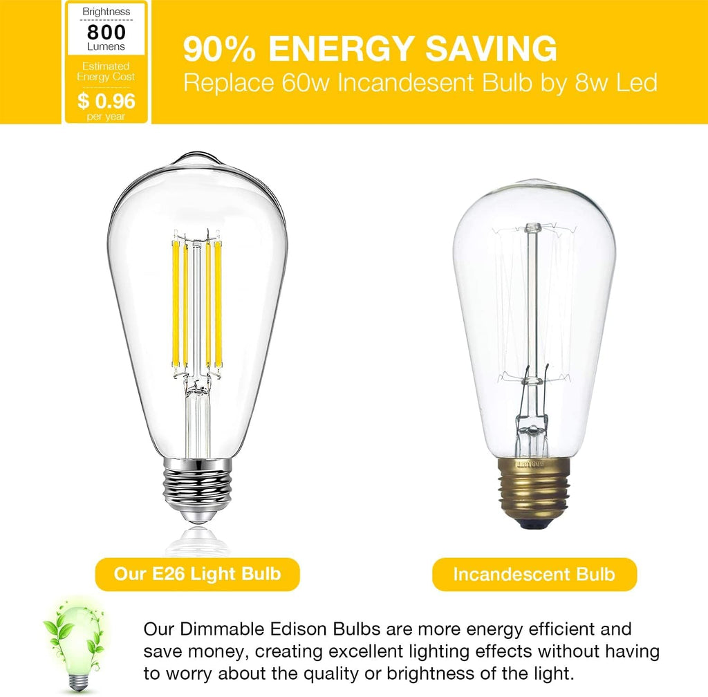 4 Pack Vintage LED Edison Bulbs, E26 Led Bulb 60W Equivalent, Dimmable Led Light Bulbs, High Brightness 800 LM Warm
