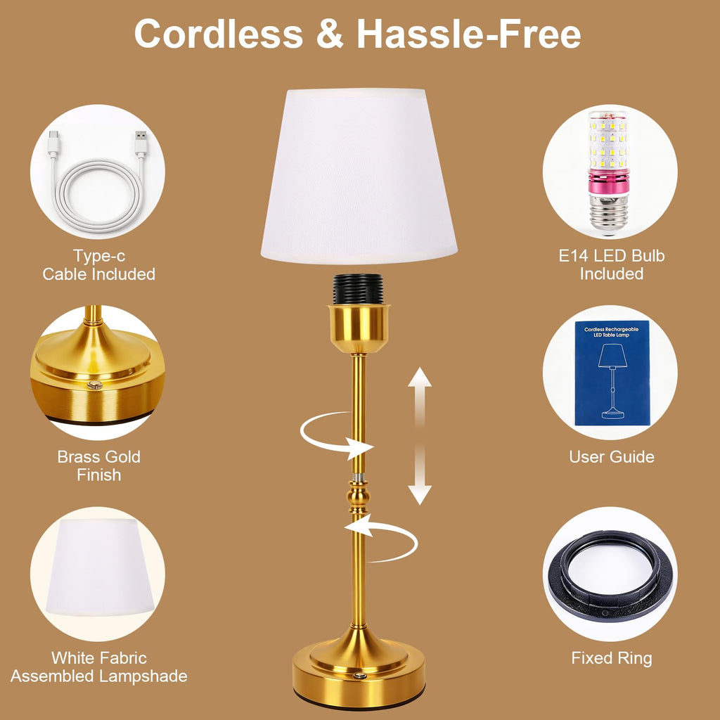 Rechargeable Gold Cordless Table Lamp,3 Color Dimmable Bedside Lamp