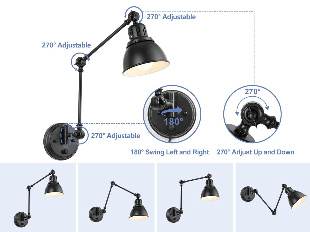 Plug in Wall Sconce, Dimmable On Off Switch, Swing Arm Wall Lamp, Black Metal Industrial, Plug in Wall Light