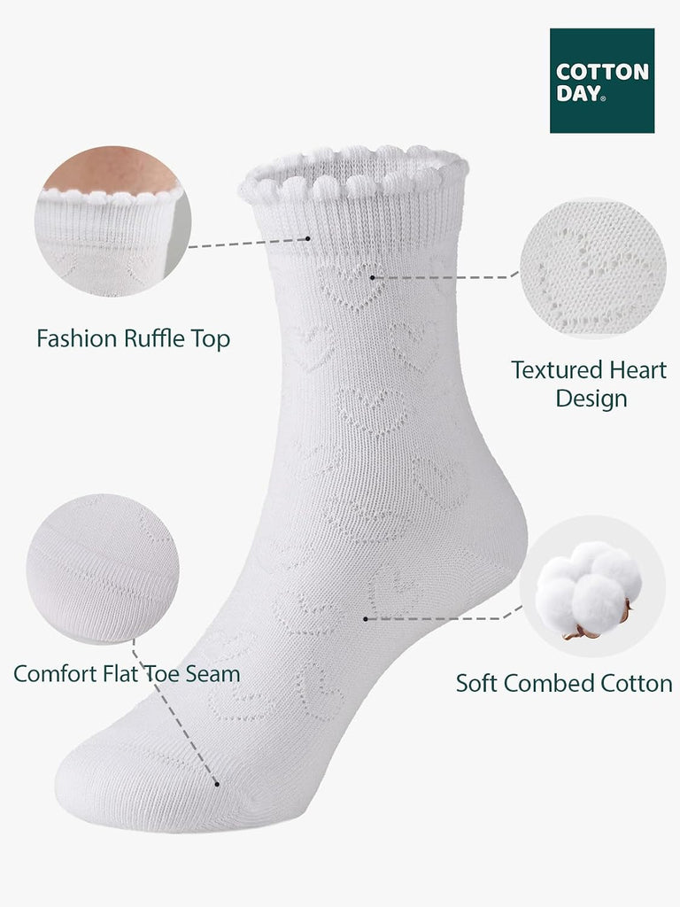 Kids Girls White Dressy Textured Thin Socks Scallop Top 5 Pack