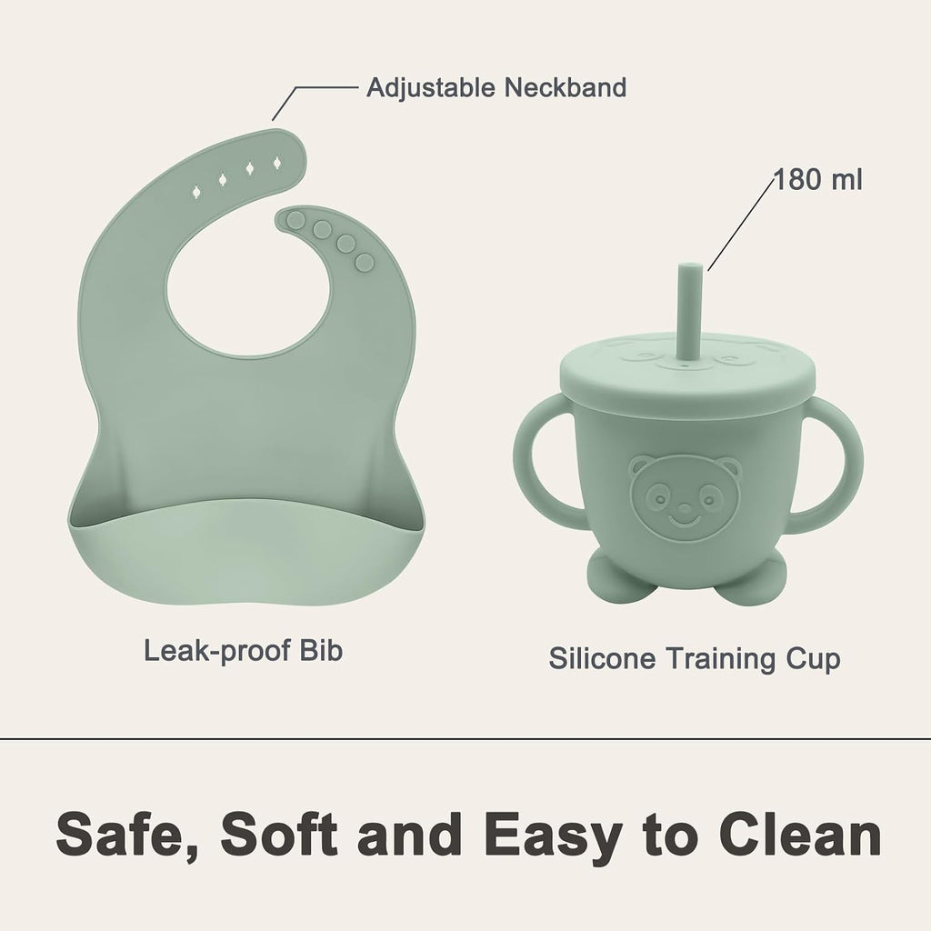 Feeding Set | Baby Led Weaning Supplies Includes Suction Bowls and Divided Plates, Adjustable Bib, Baby Utensils