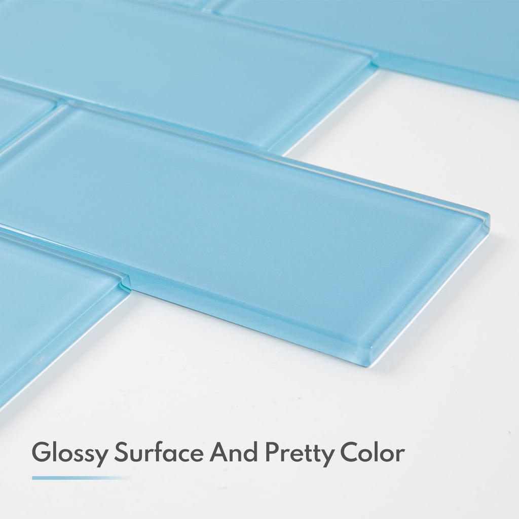 Blue Glass Subway Tile, Glass Kitchen Shower Backsplash Wall, 3 x 6 Inches, 4 Sq.Ft.