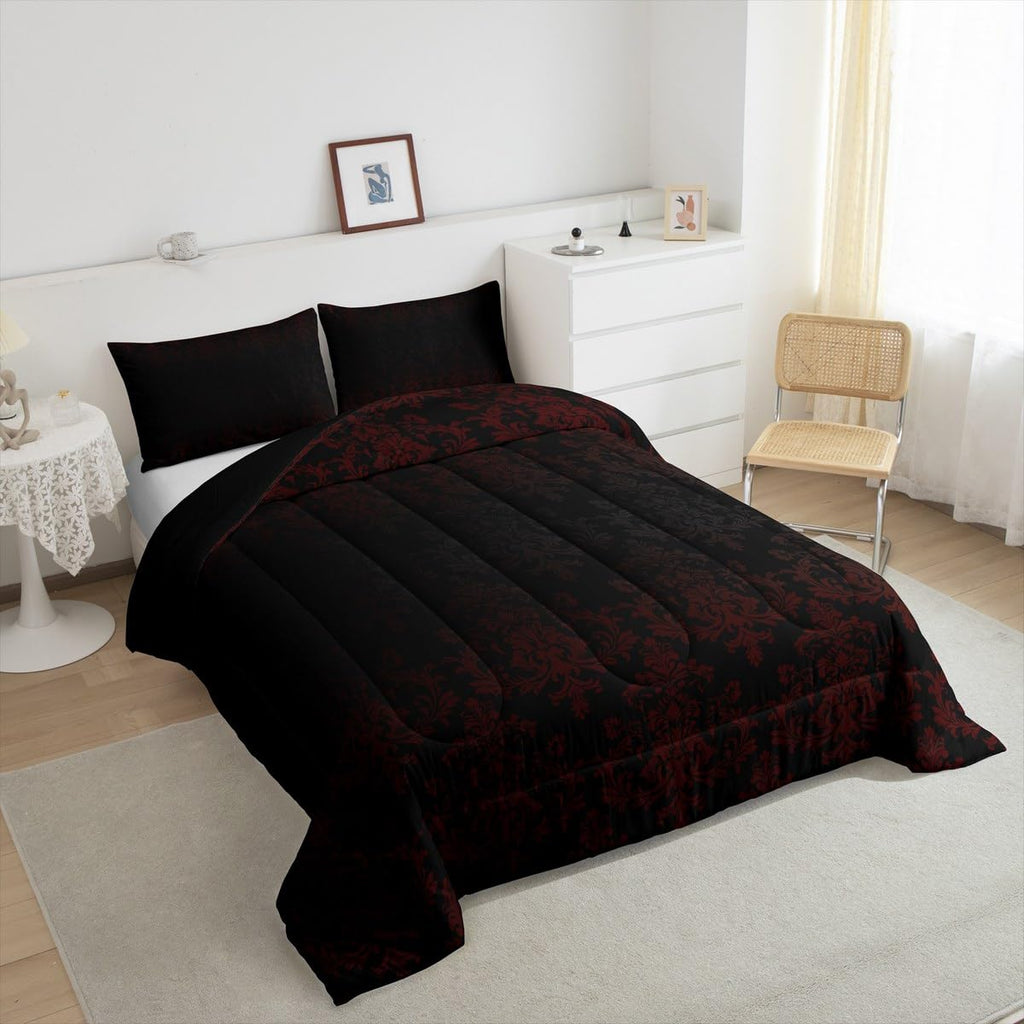 Black Red Damask Bedding Sets Full Size, Antique Victorian Baroque Boho Reversible Down Comforter Breathable Polyester