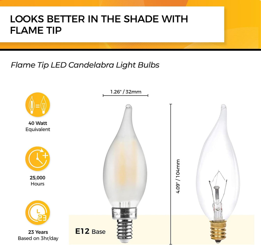 Frosted Candelabra Light Bulbs, 40W Eq Dimmable, 2700K 12 Pack