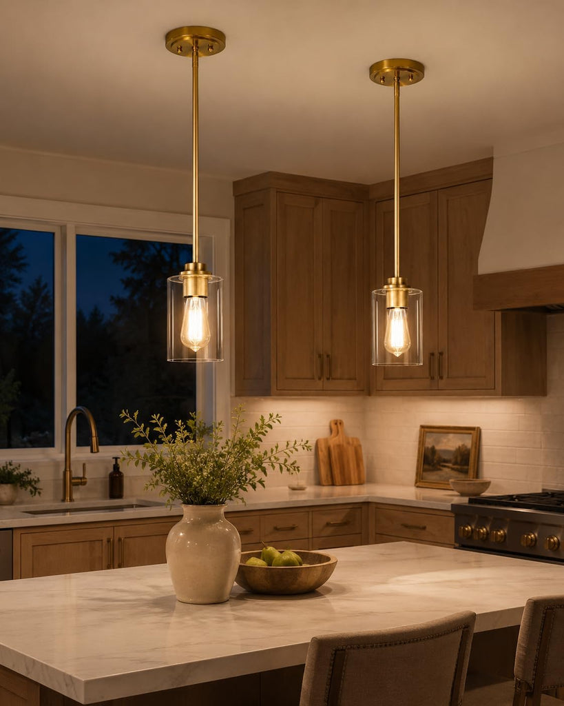 Brass Pendant Lights Kitchen Island 2 Pack, Farmhouse Gold Pendant Lighting with Clear Glass Shade, Mini Hanging