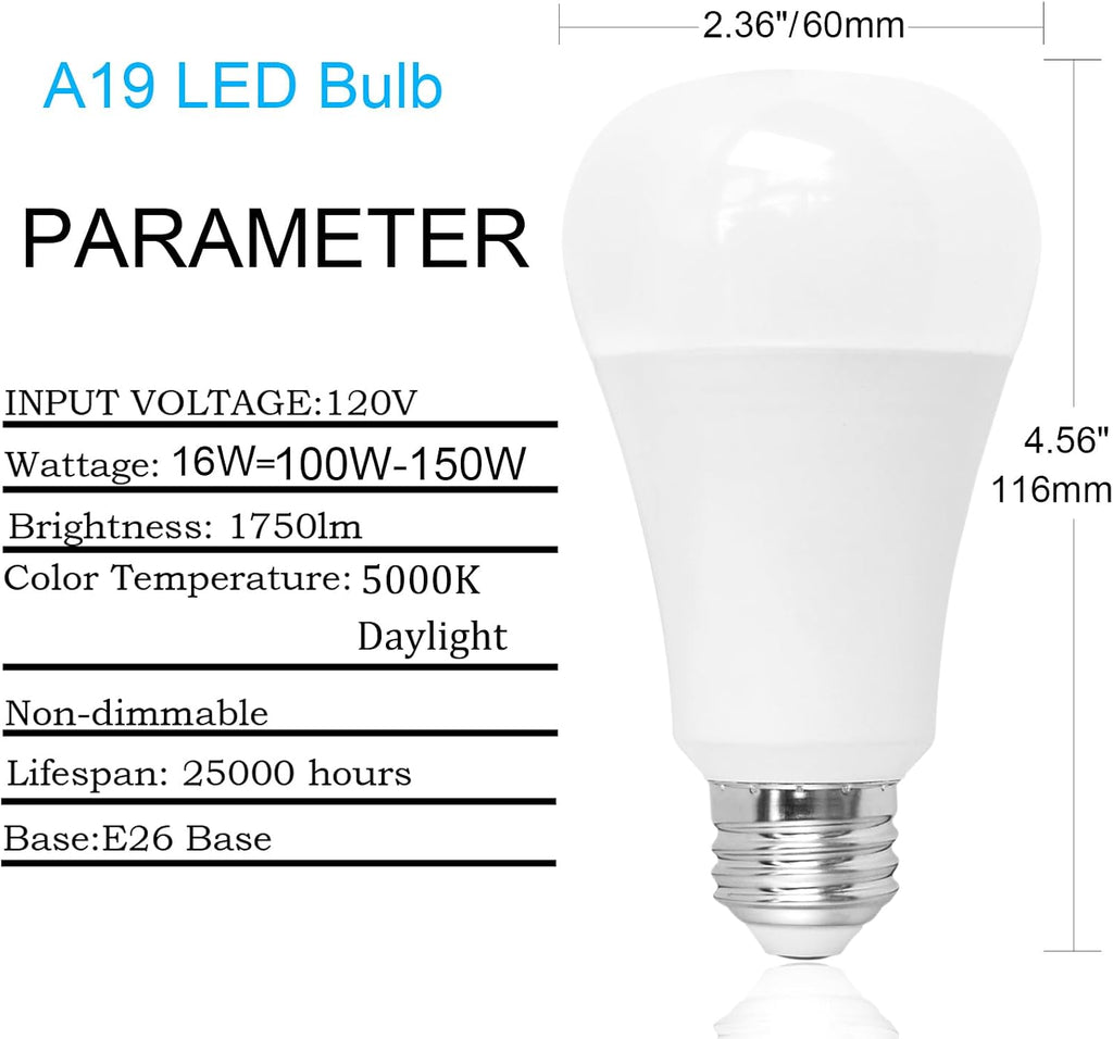 4 Pack A19 Super Bright LED Light Bulbs 150W Equivalent, Daylight 5000K 16 Watt 1750 Lumen Energy-Efficient LED Bulb