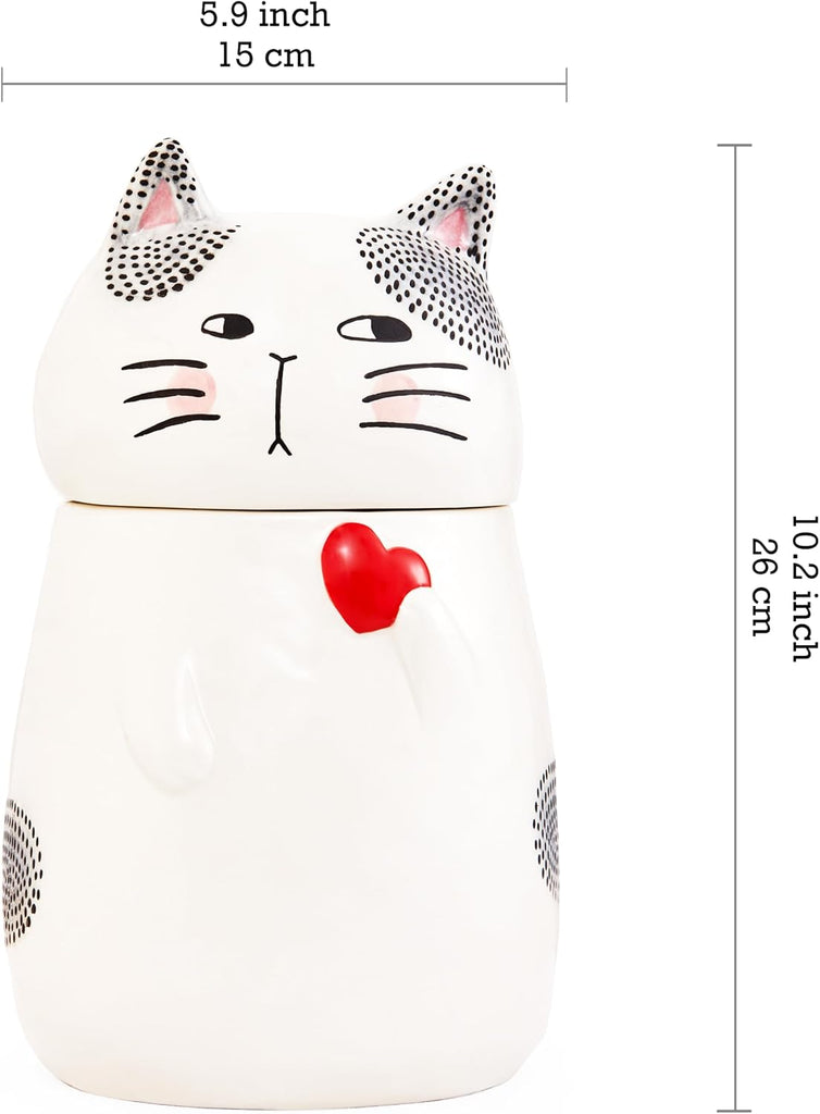 Cartoon Cat Handpainted Stoneware Air Tight White 10.2 inch Cookie Jar, Dishwasher Safe, for storing Cookie, Candy