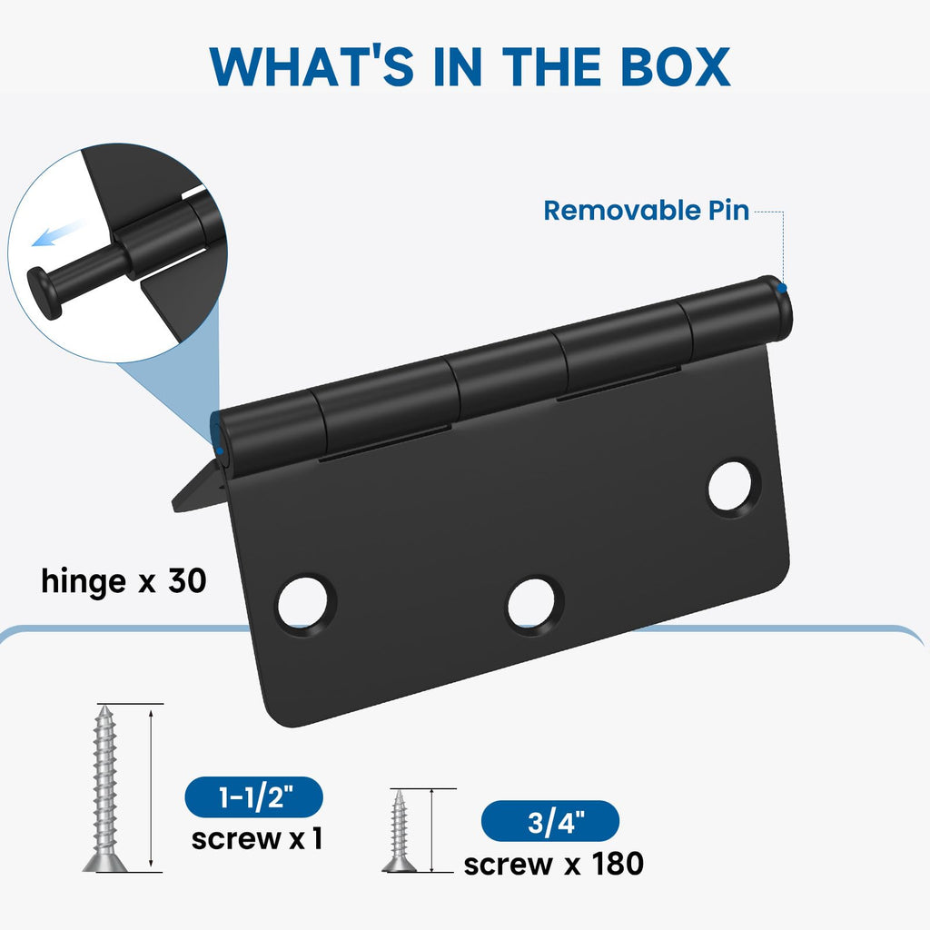 30 Pack Matte Black Door Hinge 3.5 x 3.5 inch with 1/4 Radius, Black 3 1/2 Interior Door Hinges, 3 1⁄2"x 3 1⁄2"