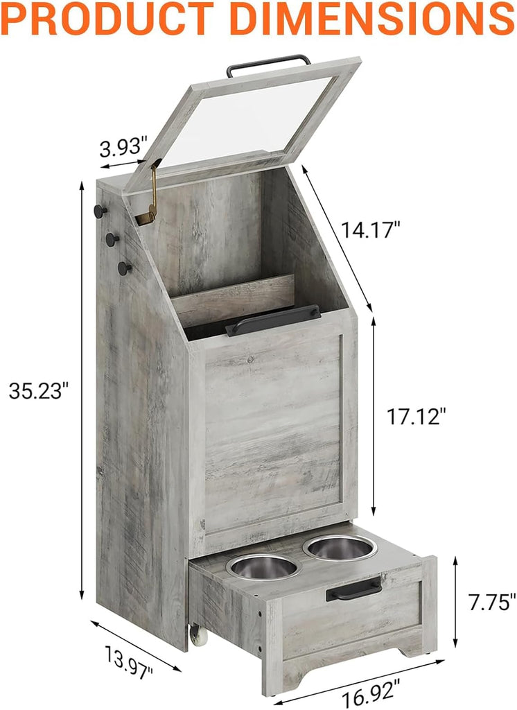 Dog Feeding Station, with Pet Feeding Station, Flip Top Dog Food Storage Cabinet, 2 Elevated Bowls, Includes 3 Hooks