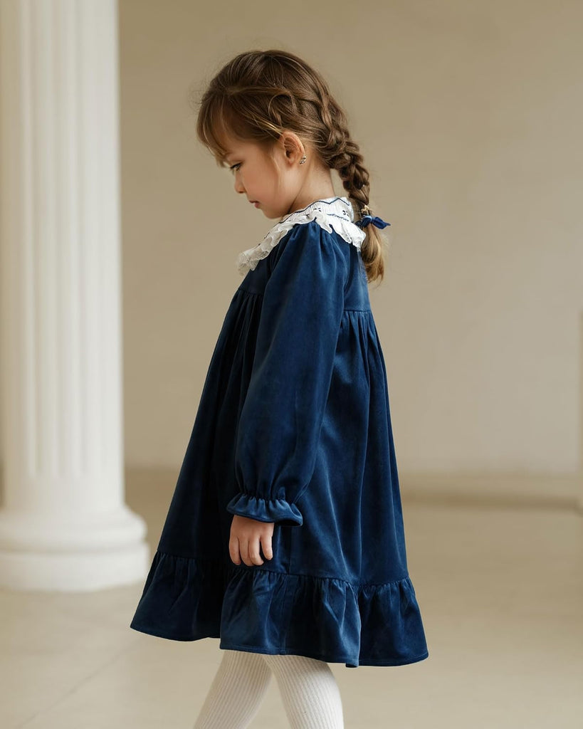 Baby Girls' Dresses,Toddler Vintage Christmas Party Velvet Fall Dress with Long Ruffle Sleeve and Peter pan Collar