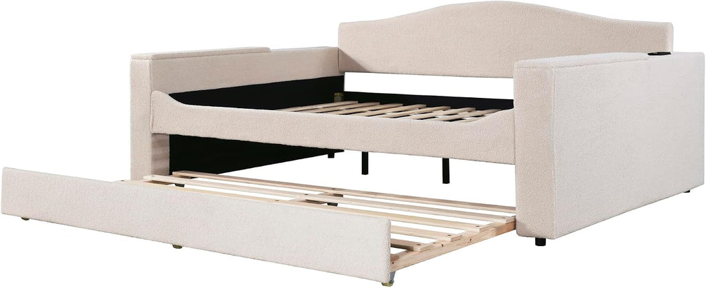 Upholstered Daybed with Trundle, Full Size Day Bed Frame with Storage Armrests, USB Ports