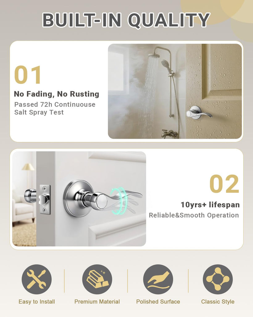 8 Pack Polished Chrome Finish Keyless Interior Door Handle, Classic Passage Door Lever Closet, Non-Locking Wave Style