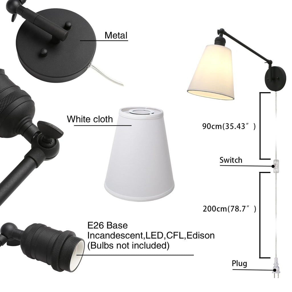Retro Swing Arm Wall Sconce Plug in Wall Lamp Black Single Sconce with White Fabric Shade Wall Light Fixture Living
