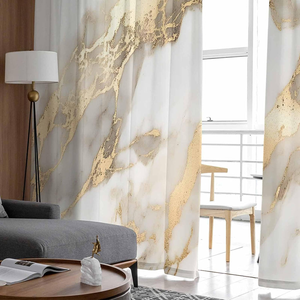 Sheer Curtains 96 Inches Long, Marble Gold Light Filtering Window Curtains , Abstract Luxury Wave Gold Marbling