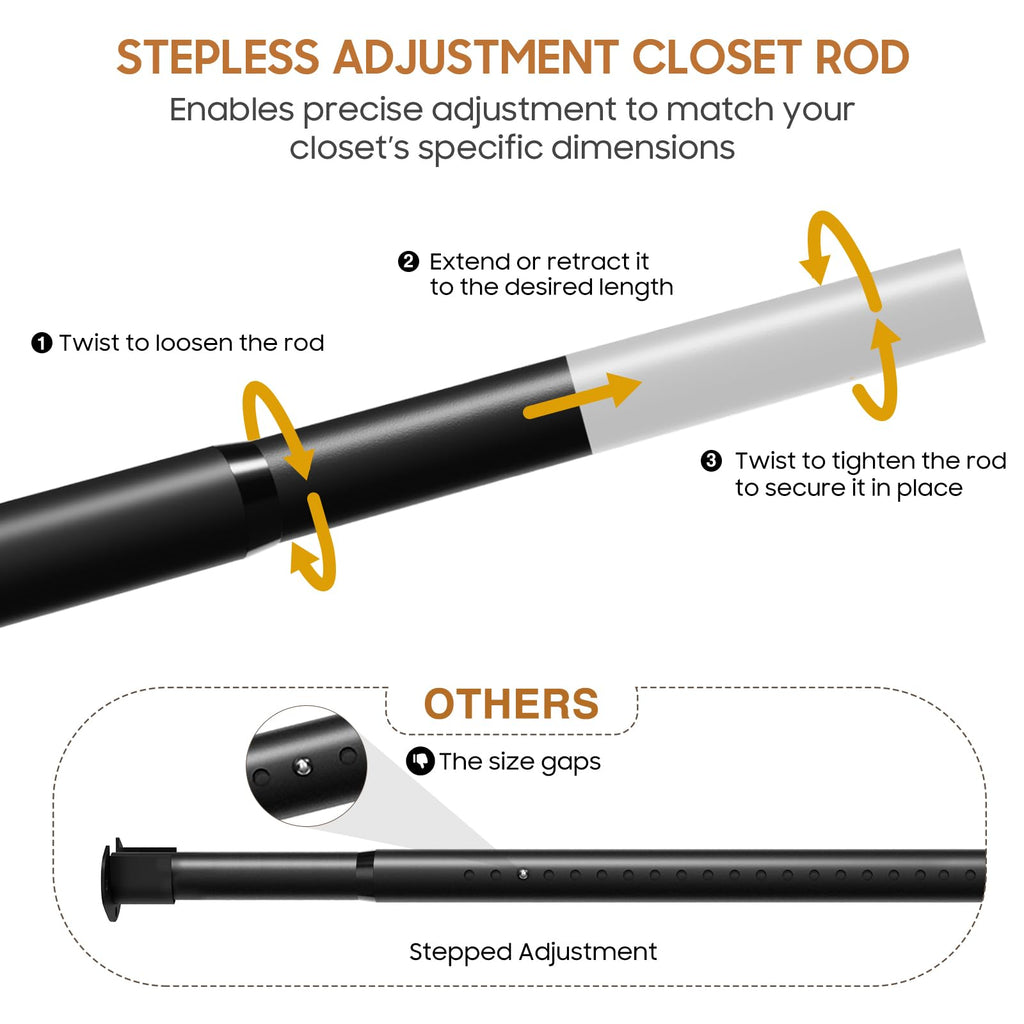 Closet Rods for Hanging Clothes, 16 to 74 Inch Stepless Adjustable Closet Rod, 1.3 Inch Heavy Duty Closet Hanging Rod