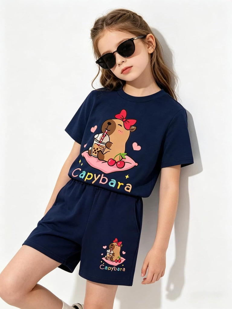 Girls Summer Clothes Cute Capybara Print & Cherry Bow Short Sleeve Shorts Set Tween Girl Outfits