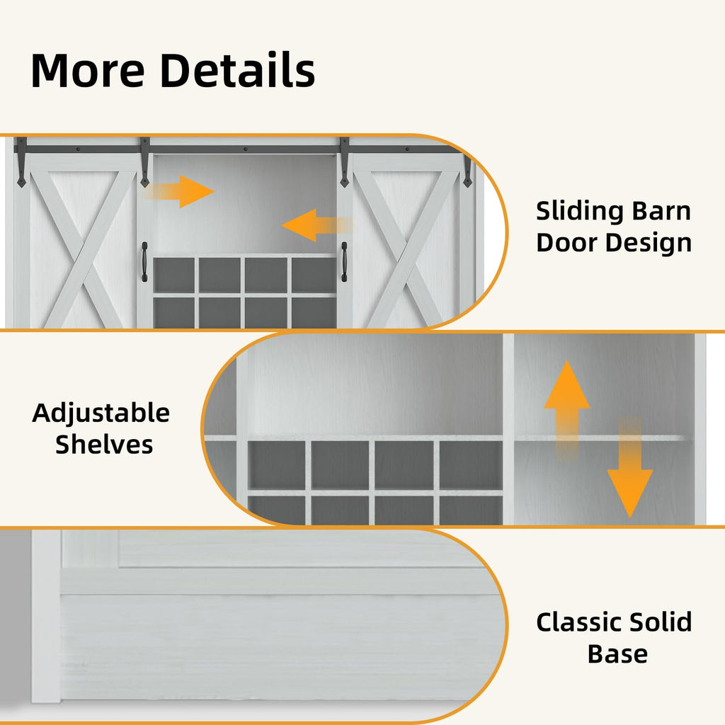 55'' Farmhouse Coffee Bar Cabinet with 3 Tier Storage Hutch, Coffee Bar Station with Sliding Barn Door, Hutch Storage