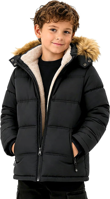 Boy's Girl's Winter Coat Puffer Sherpa Warm Jacket with Detachable Fur Hood
